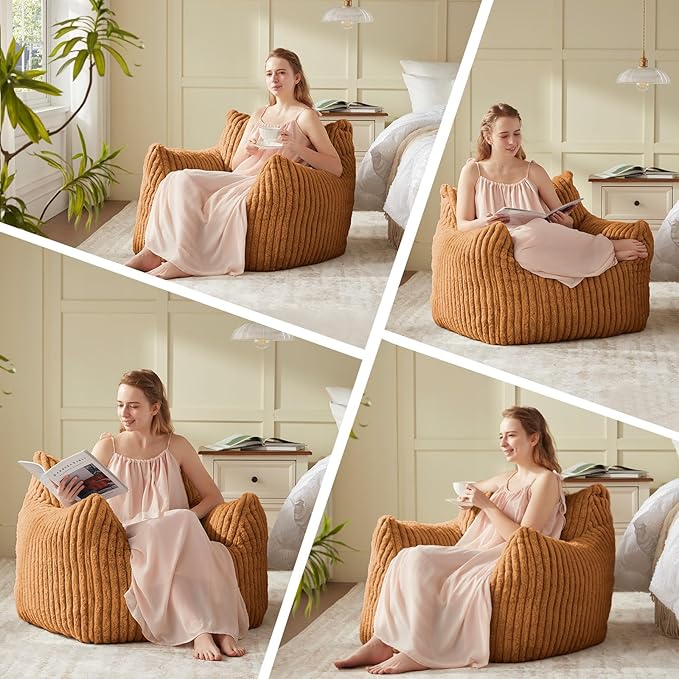 Giant Bean Bag Chairs for Adults Teens, Large Bean Bag Sofa Chairs with Filling Comfy Fuzzy BeanBag Chair with Armrests for Bedroom Living Room Reading (Brown, Medium)-HomvellaHome