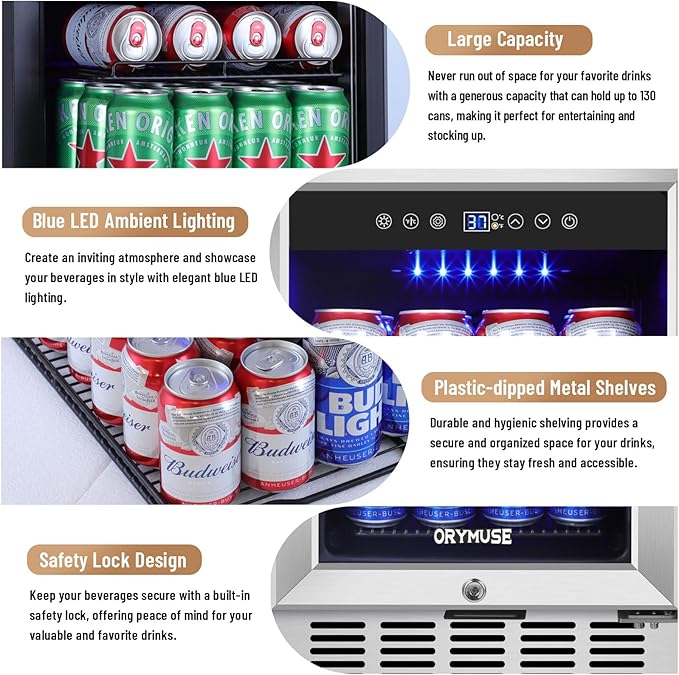 15 Inch Beverage Refrigerator, 130 Can Capacity Under Counter Fridge with Lock & Glass Door, Quiet Built-in or Freestanding Beer Cooler, Powerful Compressor for Fast Cooling-HomvellaHome