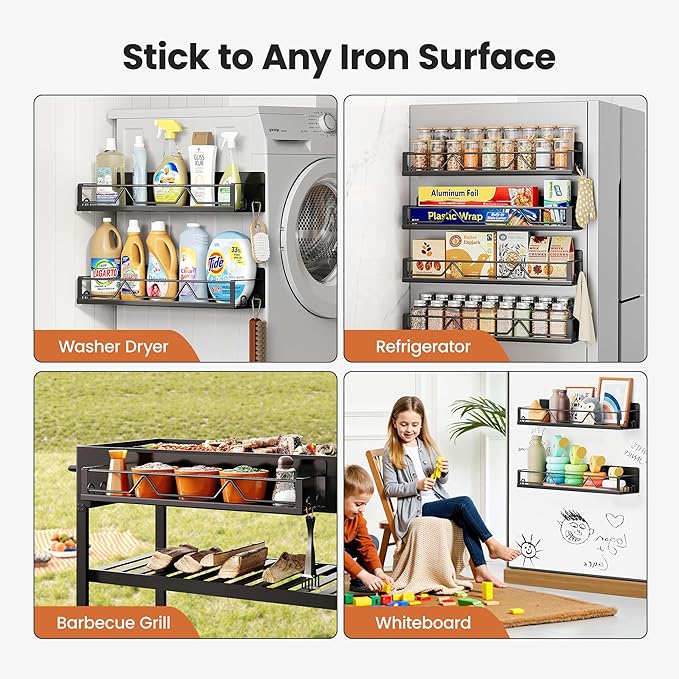 16.9 Inch Wide Large Capacity Magnetic Spice Rack for Refrigerator, 4 Pack Metal Fridge Shelf, Black-HomvellaHome
