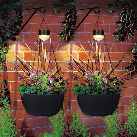2 Packs Hanging Planters Basket for Outdoor Plants, Solar Powered Self Watering Black Round Plastic Flower Pots with Drainer for Balcony Patio Garden Outdoor Decoration-HomvellaHome