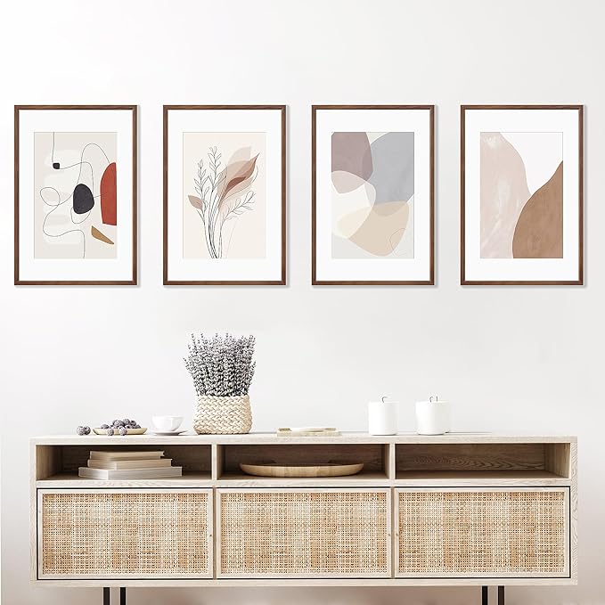 16x24 Poster Frame Set of 4 Natural Solid Walnut Photo Frames with 12x18 Removable Mat Wall Hanging Large Handcrafted Frame with HD Plexiglass Wall and Tabletop Display Large Picture Frame-HomvellaHome