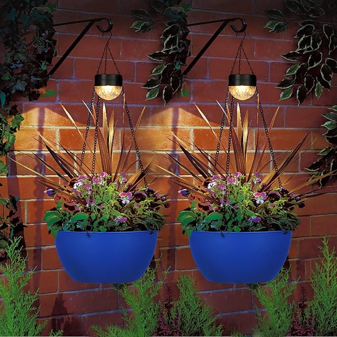 2 Packs Hanging Planters Basket for Outdoor Plants, Solar Powered Self Watering Blue Round Plastic Flower Pots with Drainer for Balcony Patio Garden Outdoor Decoration-HomvellaHome