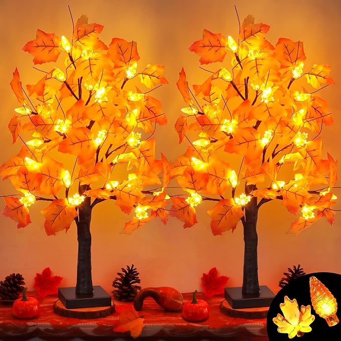 2 Pack 24 Inch Prelit Fall Maple Tree Fall Decor with 48 LEDs Timer Battery Operated Artificial Fall Light Up Tree Maple Acorn for Fall Thanksgiving Decorations Table Home Office Indoor Autumn Harvest-HomvellaHome