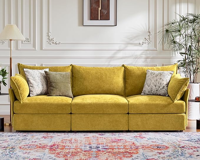 102.6" Modular Sectional Sofa, Oversized 3-Seater Couch with Removable Yellow Chenille Fabric Cover, Deep Seat & High Backrest for Living Room, Office & Apartment-HomvellaHome