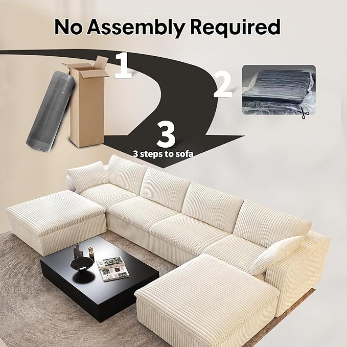 157.5" U Shaped Modern Sofa Modular Sectional Cloud Couch with 2 Ottoman,Deep Seat Upholstered Couches with Corduroy Fabric for Living Room Furniture,Bedroom and Apartment,No Assembly Required,White-HomvellaHome