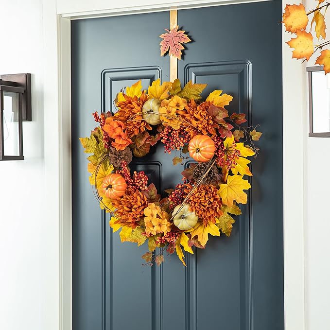 Glitzhome 24 inch Artificial Fall Wreath Decor, Autumn Maple Leaf Wreath for Front Door with Dahlia Pumpkin, Leaf and Berry Wreaths for Autumn Harvest Thanksgiving Halloween Decor-HomvellaHome