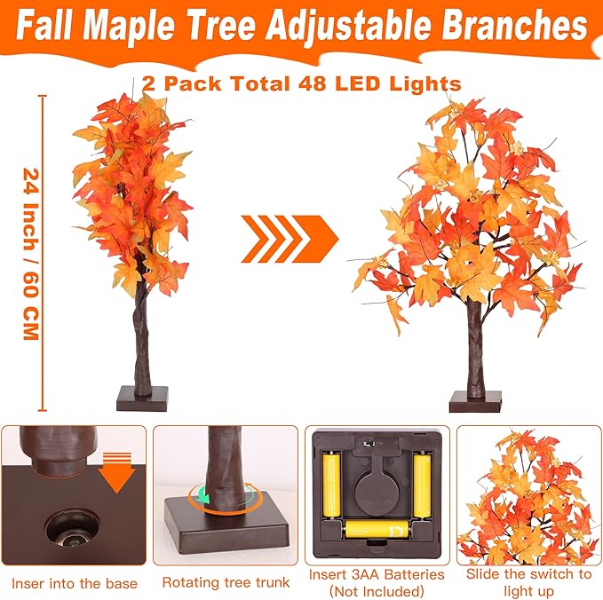 2 Pack 24 Inch Prelit Fall Maple Tree Fall Decor with 48 LEDs Timer Battery Operated Artificial Fall Light Up Tree Maple Acorn for Fall Thanksgiving Decorations Table Home Office Indoor Autumn Harvest-HomvellaHome