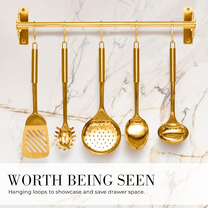 Gold Cooking Utensils with Measuring Cups and Spoons Set - 13-Piece Luxury Gold Kitchen Accessories Includes Metal Measuring Cups and Spoons for Baking, Cooking, and Elegant Kitchen Decor-HomvellaHome