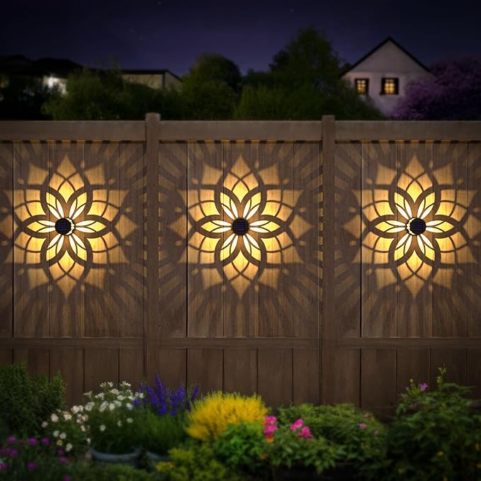 2 Pack Solar Fence Lights Metal Solar Powered Outdoor Wall Deck Step Lights Mandala Theme Waterproof Fence Light for Garden Post Patio Backyard Yard Decor, Gardening Gifts for Women Mom Grandma-HomvellaHome