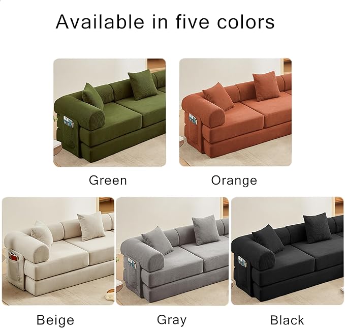 107" Oversized Convertible Sleeper Sofa Bed, Corduroy L Shape Sectional Couch, Folding Sofa Bed with Side Pocket, Modern Cloud Floor Mattress Couch, Modular Sofa for Living Room, Black-HomvellaHome