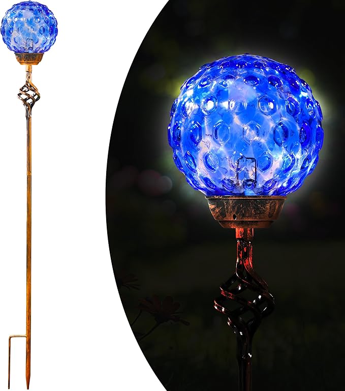 Garden Solar Lights, Decorative LED Honeycomb Glass Ball Garden Stake, Glass and Metal Outdoor Decoration, 4 x 31 Inch (Dark Blue)-HomvellaHome