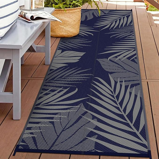 GENIMO Outdoor Rug 2.5' x 8' Waterproof for Patios Clearance, Reversible Outdoor Plastic Straw Camping Rug Carpet, Large Area Rugs Mats for RV, Camper, Deck, Balcony, Porch, Beach, Picnic, Blue&Grey-HomvellaHome