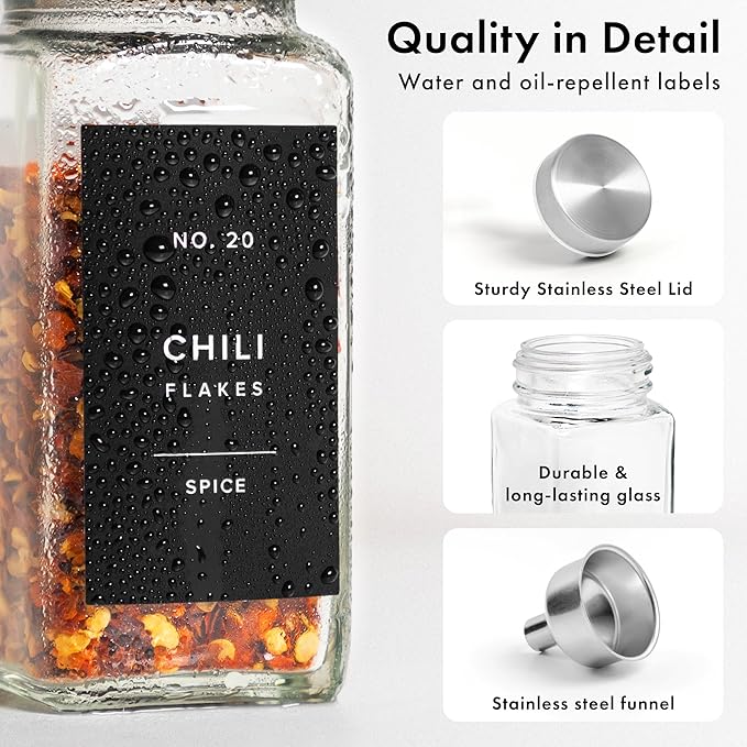 Glass Spice Jars with Labels and Steel Lids (24 x 4oz) Spice Containers with 240 Label, Steel Funnel, Shaker Inserts, Empty Square Seasoning Organizer for Spice Rack, Cabinet, Drawer-HomvellaHome
