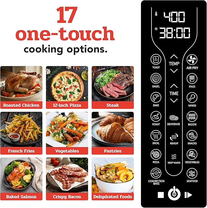 Gourmia Toaster Oven Air Fryer Combo 17 cooking presets 1700W french door digital air fryer oven 24L capacity accessories, convection rack, baking pan tray recipe book GTF7460,Large,Black-HomvellaHome