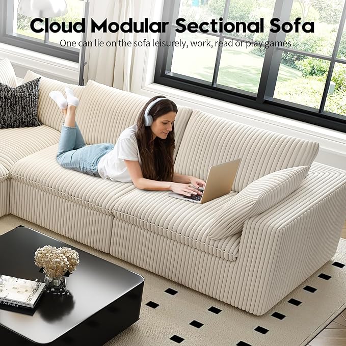 118" Cloud Couch Modular Sectional Sofa for Living Room,Modern Sofa with Deep Seat，L-Shape Boneless Couch with Ottoman,Comfy Upholstered Corduroy Couches for Apartment, Studio, Office,Bedroom，White-HomvellaHome