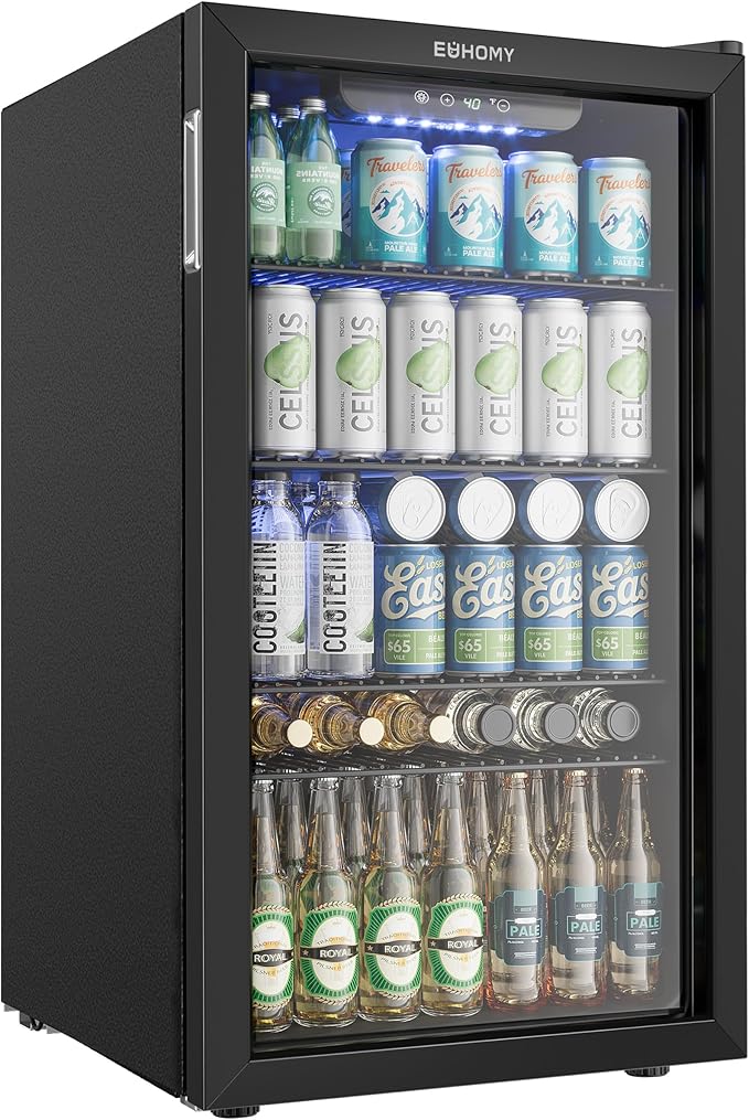 EUHOMY Beverage Refrigerator and Cooler, 128 Can Mini fridge with Glass Door, Small Refrigerator with Adjustable Shelves for Soda Beer or Wine, Home/Bar/Office, Black-HomvellaHome