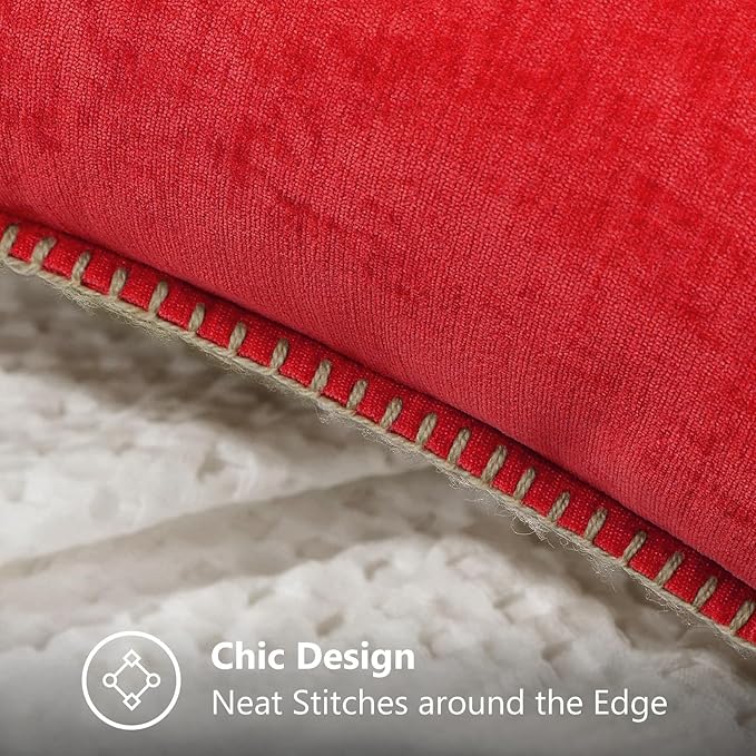 decorUhome Chenille Soft Throw Pillow Covers 18x18 Set of 2, Farmhouse Velvet Neutral Decorative Euro Pillow Covers with Stitched Edge for Couch Sofa Bed Home Decor, Red-HomvellaHome