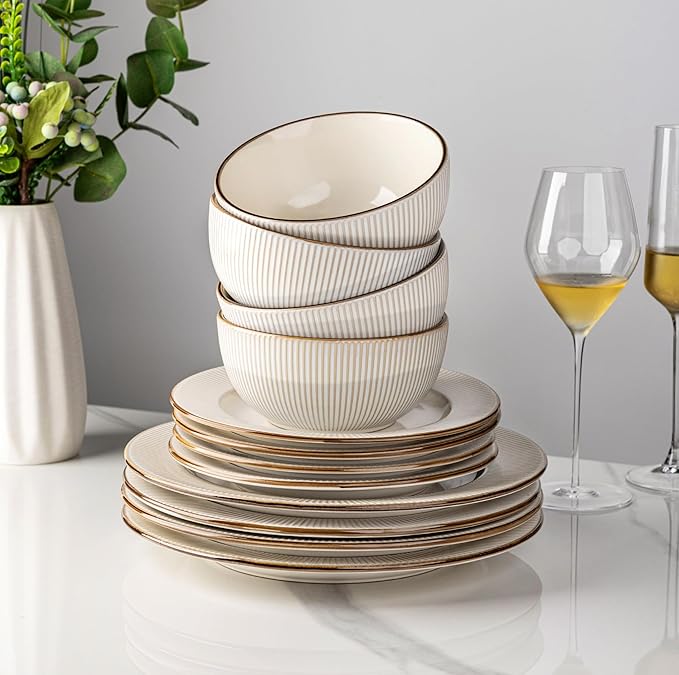 GBHOME Ceramic Dinnerware Sets,12 pcs Embossed Elegant Stoneware Plates and Bowls Sets, Housewarming Wedding Gift | Dishwasher & Microwave Safe | Dishes Set Service for 4-HomvellaHome