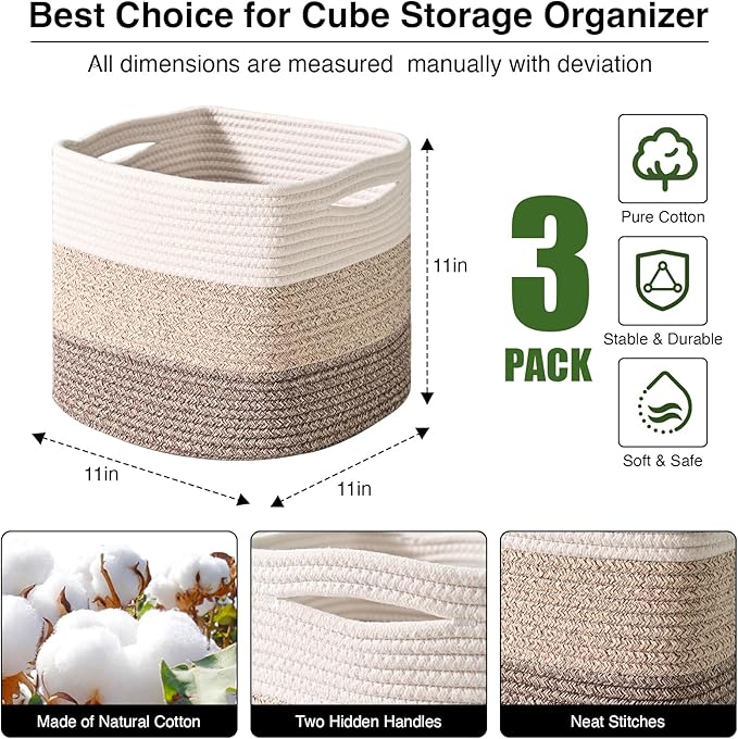 11 Inch Cube Storage Bins, Storage Cube Organizer Bins, Woven Cotton Rope Baskets for Storage, Storage Basket for Organizing Shelves, Square Baskets for Toys, Gradient Brown (Pack of 3)-HomvellaHome