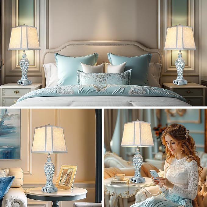Table Lamp Bedside Lamps Set of 2, 28.5'' Luxsight Farmhouse Table Lamps for Bedroom, Lamps for Nightstands with Night Lights, with USB C+A Ports, Rustic Lamp for Living Room, Bulb Included-HomvellaHome