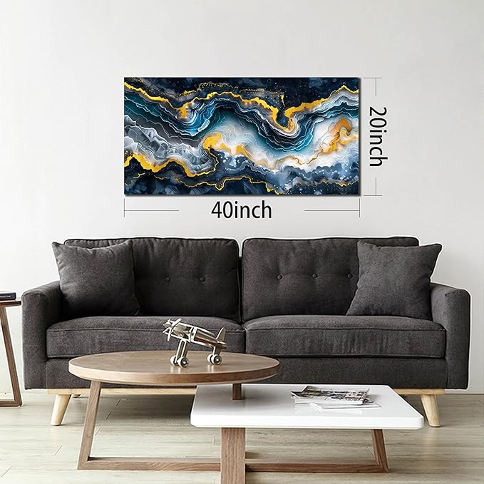 GUGIKA Abstract Wall Art for Living Room, Gold Black and Blue Canvas Wall-Art for Bedroom, Ocean Landscape Print Paintings, Size 40x20 Inches-HomvellaHome