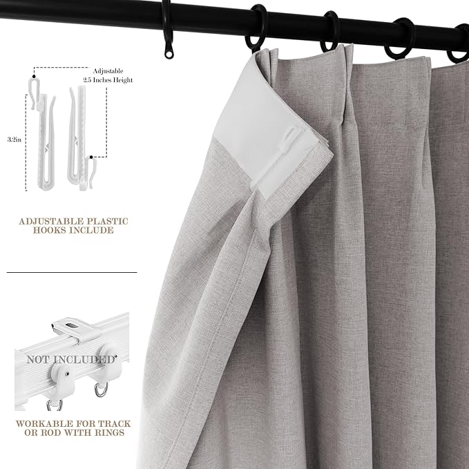 100% Blackout Linen Textured Drapes for Bedroom Pinch Pleated Curtains for Track System Portable Drapery for Sliding Glass Door/Storage/Space Room Divider, 70" Wx102 L, 1 PC, Browish Grey-HomvellaHome