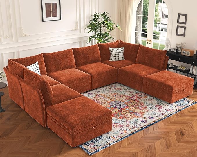 136.4" Oversized Modular Sectional Sleeper Sofa Bed, U Shaped Convertible Couch with Movable Ottoman, Large 8 Seat Corner Couches for Living Room Deep Seat Terracotta Orange Chenille-HomvellaHome