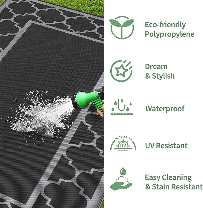 GENIMO 9' x 18' Outdoor Rug Waterproof for Patio, Foldable Reversible Plastic Straw Area Rugs Mat for Rv Decor, Outside Carpet for Camper, Deck, Picnic, Beach, Balcony, Porch, Black & Grey-HomvellaHome