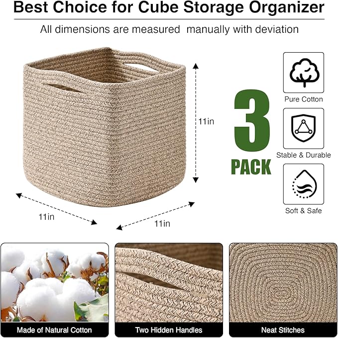 11 Inch Cube Storage Bins, Storage Cube Organizer Bins, Woven Cotton Rope Baskets for Storage, Storage Basket for Organizing Shelves, Square Baskets for Toys Nursery, Brown (Pack of 3)-HomvellaHome