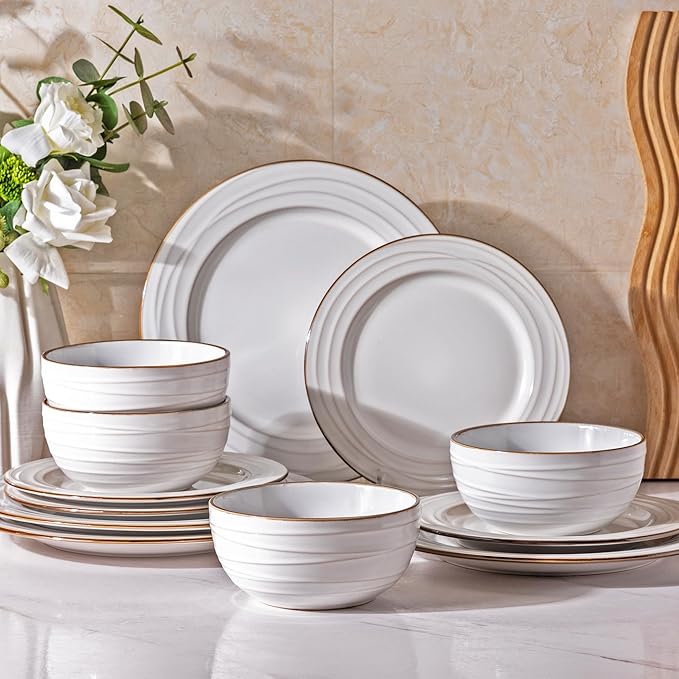 GBHOME Ceramic Dinnerware Sets,12 pcs Embossed Elegant Stoneware Plates and Bowls Sets, Housewarming Wedding Gift | Dishwasher & Microwave Safe | Dishes Set Service for 4-HomvellaHome