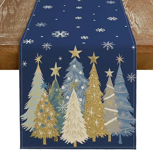 GEEORY Christmas Table Runner 13x120 Inch, Xmas Trees Snowflakes Holiday Decorative Farmhouse Table Decoration for Kitchen Dinning, Indoor Outdoor Dinner Party Decor (Blue) GT151-120N-HomvellaHome