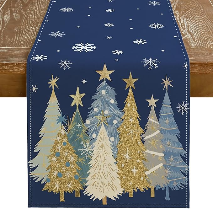 GEEORY Christmas Table Runner 13x72 Inch, Xmas Trees Snowflakes Holiday Decorative Farmhouse Table Decoration for Kitchen Dinning, Indoor Outdoor Dinner Party Decor (Blue) GT151-72-HomvellaHome