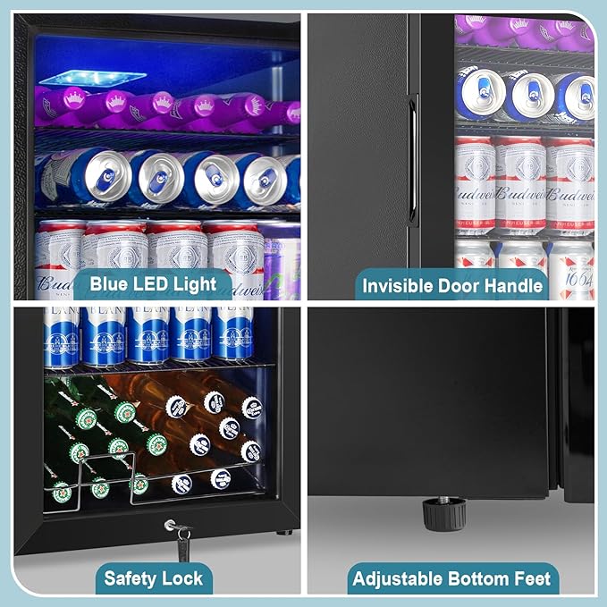 128 Cans Beverage Refrigerator Cooler, 3.2 Cu.Ft Mini Drink Fridge Glass Door for Drink Beer Soda Wine, Small Beer Fridge with 4 Removable Shelves for Kitchen Bedroom, Office Bar Gaming Room, Black-HomvellaHome