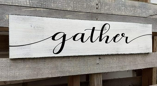 Gather Signs for Home Decor White, Rustic Farmhouse Dining Room Decor Wood Wall Hanging Plaque Gather Wall Decor for Living Room Kitchen Signs 6x18 Inch-HomvellaHome
