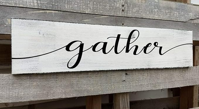 Gather Signs for Home Decor White, Rustic Farmhouse Dining Room Decor Wood Wall Hanging Plaque Gather Wall Decor for Living Room Kitchen Signs 4x16 Inch-HomvellaHome