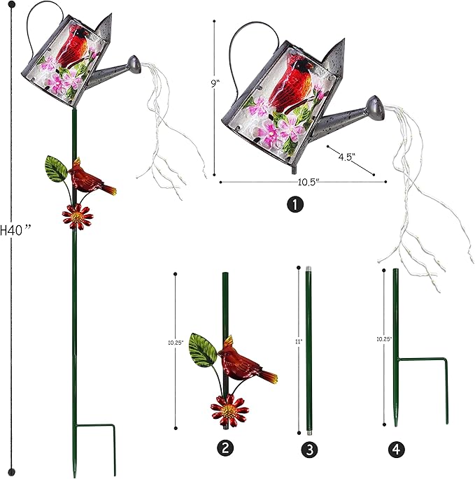 Garden Solar Lights Outdoor, Metal Watering Can Garden Stake Lights Cardinal Bird Decor Glass Art for Walkway, Pathway, Yard, Lawn-HomvellaHome