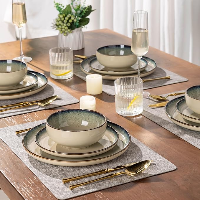 GBHOME Ceramic Dinnerware Sets for 4, 12 Pieces Stoneware Plates and Bowls Sets, Scratch Resistant Dishes, Dishwasher & Microwave Safe, Reactive Glaze-Gravel-HomvellaHome