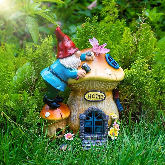 Garden Gnome Statues Figurine Lights - Solar Powered Lighting Outdoor Decorations, Gnome Build Mushroom Fairy House, Yard Art Lawn Ornaments for Porch Patio Balcony - Gnome Gifts for Women Mom-HomvellaHome