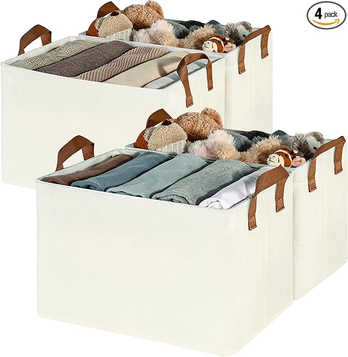 GRANNY SAYS Closet Storage Baskets, Collapsible Fabric Storage Bins with Metal Frame, Clothes Organizer Bins, Extra Large Baskets for Shelves, Ivory, 4-Pack-HomvellaHome