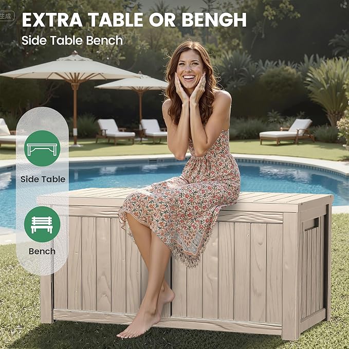 120 Outdoor Storage Box, Waterproof Resin Deck Box for Indoor & Outdoor Use, Lockable Storage Bench with Piston Hinge, Storage Bin for Patio Cushions, Garden Tools, Package Delivery, Grey-HomvellaHome