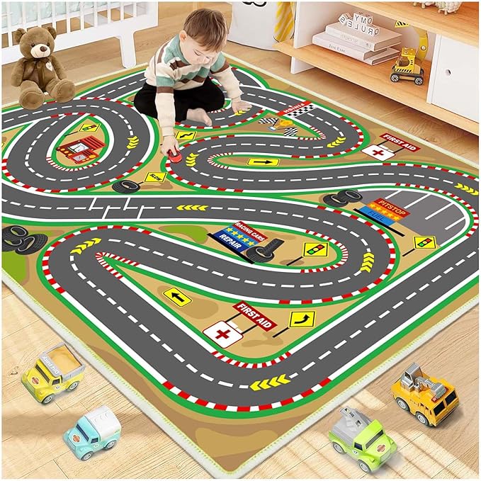 Kids Rug Play mat Playroom Rugs Car Rugs for Kids Toy Cars Race Track for Classroom Rug (Race-Brown, 5.2x7.9ft)-HomvellaHome