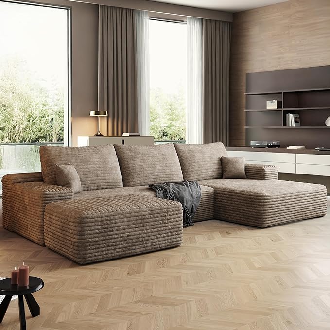 108" Sectional Couches for Living Room Modern Modular Sofa with L-Shape Couchs Upholstered Boneless Couch Deep Seat Sectional Couch with Chaise (Camel, Right Facing Chaise+2Seaters+1Ottoman)-HomvellaHome