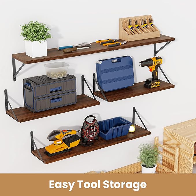 Heimlove 36 Inch Floating Bookshelves Set of 3,Heavy Duty Wall Mounted Bookshelves,Bookshelf for Living Room,Bedroom,Kitchen,Laundry Room Storage & Decor-Walnut Color-HomvellaHome