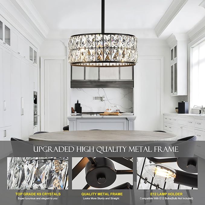 12” 3-Light Modern Crystal Chandeliers Black Dinning Room Light Fixture with Two Poles, Round Pendant Light Kitchen Island Chandelier, Flush Mount Ceiling Light for Living Room Entryway-HomvellaHome
