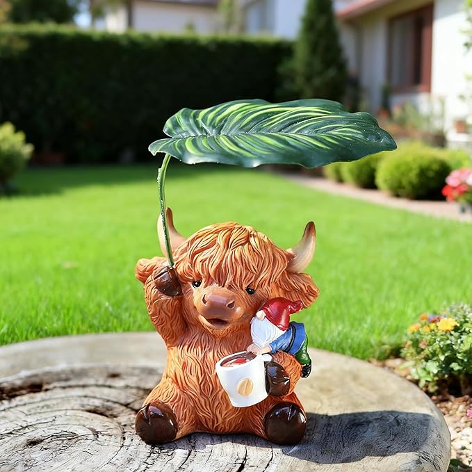Garden Gnome with Highland Cattle 6.5“ Figurine Ornament for Indoor Outdoor Home Patio Yard Lawn, Red Hat, Blue Outfit, Indoor Outdoor Decorative Statue-HomvellaHome
