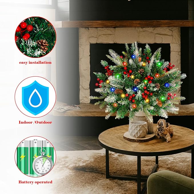 2 Pack Lighted Artificial Christmas Urn Filler, Battery Operated Pre-lit Xmas Pine Trees, Tripod Stake and 60 LED Lights, Holiday Porch Decorations for Porch, Yard, Garden, Flower Beds（Multicolor）-HomvellaHome