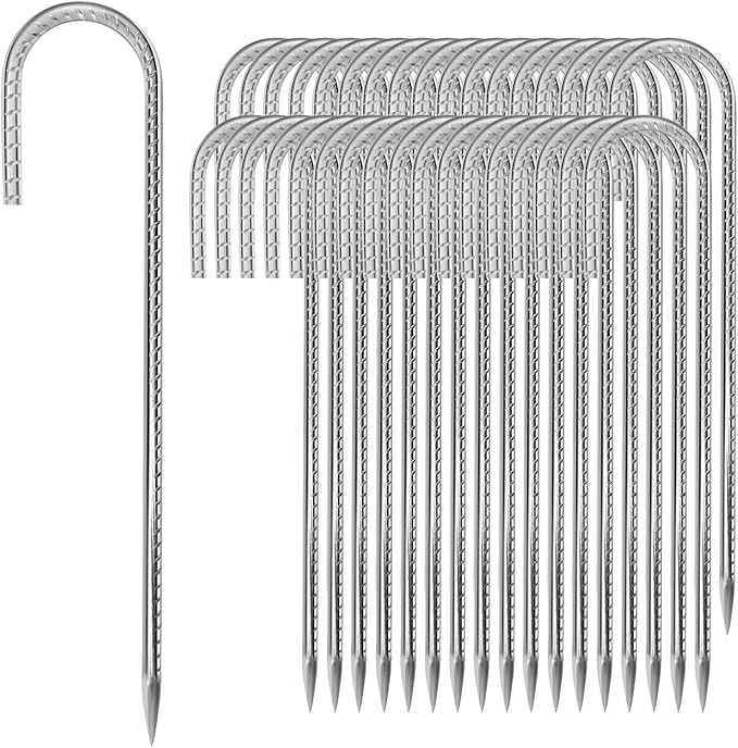 12 inches Tent Stakes Heavy Duty 34-Pack, 5/16" Diameter J Hook Fence Stakes Rebar Ground Stake for Inflatables, Tarp, Yard Lawn Outdoor Decoration-HomvellaHome