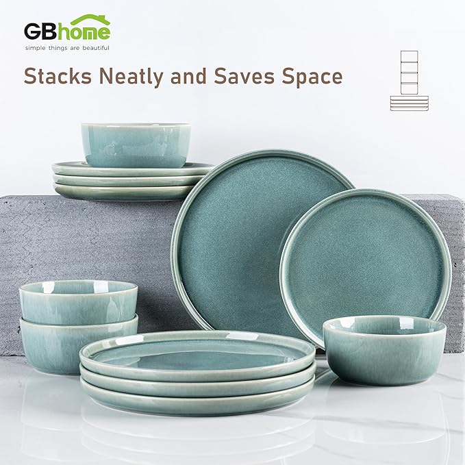 GBHOME Ceramic Dinnerware Sets for 4, 12 Pieces Stoneware Plates and Bowls Sets, Scratch Resistant Dishes, Dishwasher & Microwave Safe, Reactive Glaze-Malachite Green-HomvellaHome
