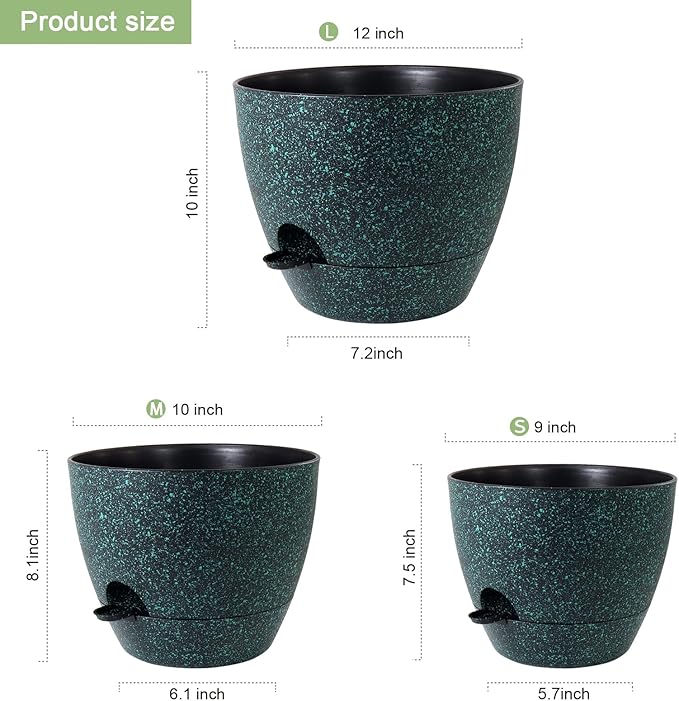 12/10/9 inch Large Self Watering Pots, Planter, Plant Pots with Mesh Drainage Holes for Indoor Outdoor Garden Plants, Plastic Flower Pots with Deep Reservoir, Black with Green Speckles-HomvellaHome