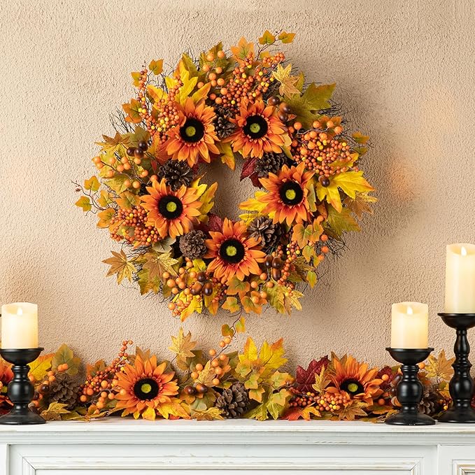 Glitzhome 24'' Fall Wreath for Front Door Decor, Artificial Autumn Orange Wreath with Sunflower, Maple Leaf and Berry Ornament for Wall Fireplace Farmhouse Thanksgiving Day Harvest Festival Decor-HomvellaHome